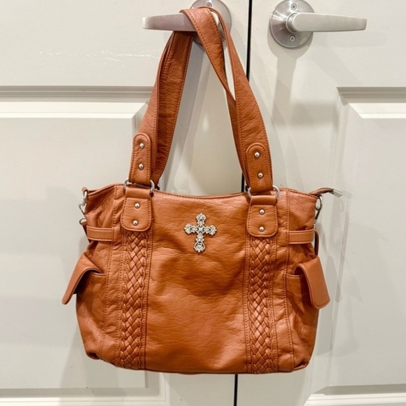 Women’s Tan Tote Bag with Decorative Cross - Picture 2 of 13